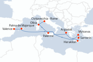 Carte de l'itinéraire de croisière Valence-Civitavecchia - Rome d'une durée de 11 jours