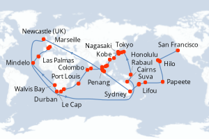 Carte de l'itinéraire de croisière San Francisco-Marseille d'une durée de 98 jours