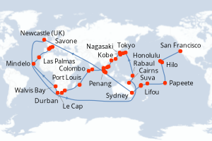 Carte de l'itinéraire de croisière San Francisco-Savone d'une durée de 99 jours