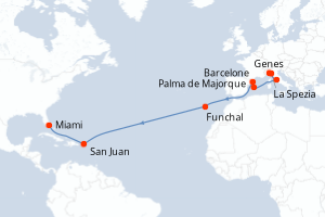 Carte de l'itinéraire de croisière Genes-Miami d'une durée de 18 jours