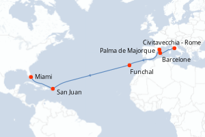 Carte de l'itinéraire de croisière Civitavecchia - Rome-Miami d'une durée de 16 jours