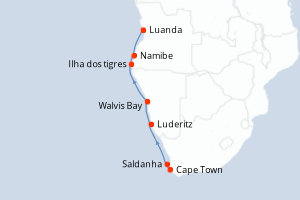 Carte de l'itinéraire de croisière Cape Town-Luanda d'une durée de 10 jours