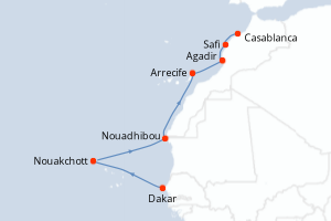 Carte de l'itinéraire de croisière Dakar-Casablanca d'une durée de 7 jours