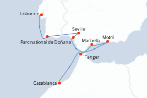 Carte de l'itinéraire de croisière Casablanca-Lisbonne d'une durée de 7 jours