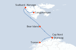 Carte de l'itinéraire de croisière Tromso-Longyearbyen d'une durée de 9 jours