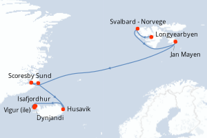 Carte de l'itinéraire de croisière Longyearbyen-Isafjordhur d'une durée de 12 jours