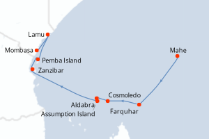 Carte de l'itinéraire de croisière Mahe-Mombasa d'une durée de 10 jours