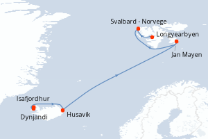 Carte de l'itinéraire de croisière Isafjordhur-Longyearbyen d'une durée de 9 jours