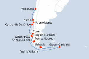 Carte de l'itinéraire de croisière Ushuaia-Valparaíso d'une durée de 12 jours