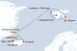 Carte de l'itinéraire de croisière Longyearbyen-Isafjordhur d'une durée de 13 jours