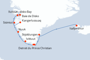 Carte de l'itinéraire de croisière Isafjordhur-Kangerlussuaq d'une durée de 10 jours