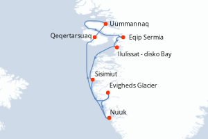 Carte de l'itinéraire de croisière Nuuk-Nuuk d'une durée de 7 jours