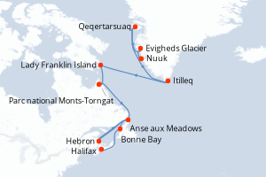Carte de l'itinéraire de croisière Nuuk-Halifax d'une durée de 13 jours