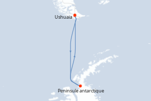 Carte de l'itinéraire de croisière Ushuaia-Ushuaia d'une durée de 13 jours