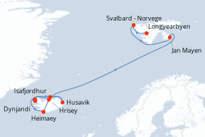Carte de l'itinéraire de croisière Isafjordhur-Longyearbyen d'une durée de 11 jours