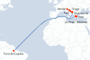 Carte de l'itinéraire de croisière Venise-Le Piree - Athenes d'une durée de 8 jours