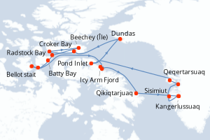 Carte de l'itinéraire de croisière Kangerlussuaq-Kangerlussuaq d'une durée de 16 jours