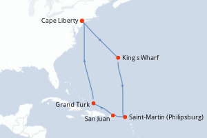 Carte de l'itinéraire de croisière Cape Liberty-Cape Liberty d'une durée de 9 jours