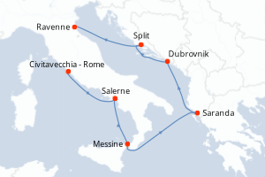 Carte de l'itinéraire de croisière Civitavecchia - Rome-Ravenne d'une durée de 7 jours