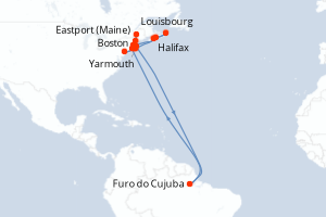 Carte de l'itinéraire de croisière Boston-Boston d'une durée de 13 jours