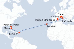 Carte de l'itinéraire de croisière Cannes-Port Canaveral d'une durée de 20 jours