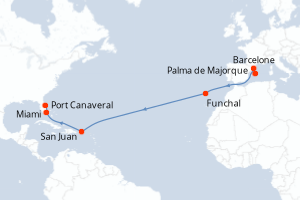 Carte de l'itinéraire de croisière Palma de Majorque-Port Canaveral d'une durée de 15 jours