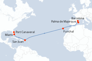 Carte de l'itinéraire de croisière Palma de Majorque-Port Canaveral d'une durée de 15 jours