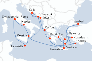 Carte de l'itinéraire de croisière Civitavecchia - Rome-Civitavecchia - Rome d'une durée de 21 jours