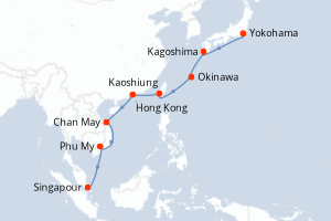 Carte de l'itinéraire de croisière Yokohama-Singapour d'une durée de 14 jours