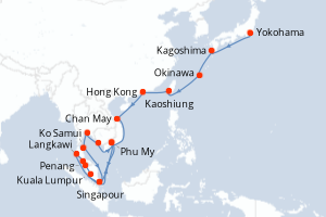 Carte de l'itinéraire de croisière Yokohama-Singapour d'une durée de 28 jours