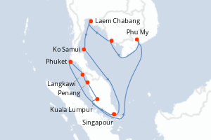 Carte de l'itinéraire de croisière Singapour-Singapour d'une durée de 14 jours