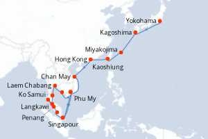 Carte de l'itinéraire de croisière Yokohama-Singapour d'une durée de 28 jours