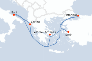 Carte de l'itinéraire de croisière Le Piree - Athenes-Le Piree - Athenes d'une durée de 14 jours