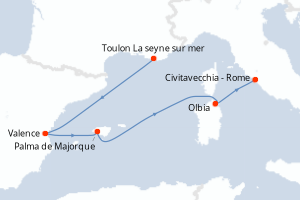 Carte de l'itinéraire de croisière Toulon La seyne sur mer-Civitavecchia - Rome d'une durée de 5 jours