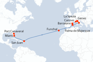 Carte de l'itinéraire de croisière Barcelone-Port Canaveral d'une durée de 21 jours