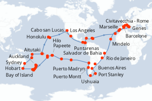 Carte de l'itinéraire de croisière Civitavecchia - Rome-Civitavecchia - Rome d'une durée de 121 jours