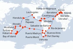 Carte de l'itinéraire de croisière Genes-Genes d'une durée de 121 jours
