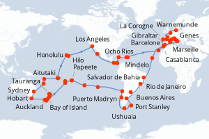 Carte de l'itinéraire de croisière Genes-Warnemunde d'une durée de 132 jours
