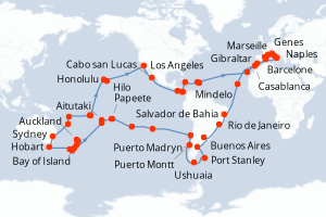 Carte de l'itinéraire de croisière Marseille-Marseille d'une durée de 121 jours