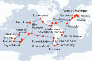 Carte de l'itinéraire de croisière Barcelone-Barcelone d'une durée de 121 jours