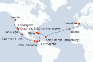 Carte de l'itinéraire de croisière Barcelone-Seattle d'une durée de 32 jours