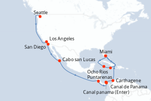 Carte de l'itinéraire de croisière Seattle-Miami d'une durée de 24 jours