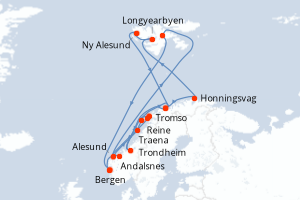 Carte de l'itinéraire de croisière Bergen-Bergen d'une durée de 14 jours