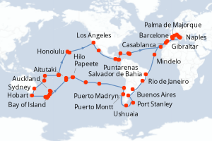 Carte de l'itinéraire de croisière Barcelone-Barcelone d'une durée de 121 jours