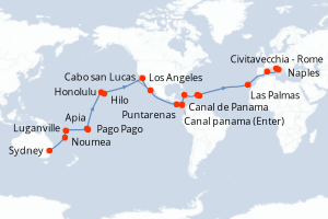 Carte de l'itinéraire de croisière Sydney-Civitavecchia - Rome d'une durée de 50 jours