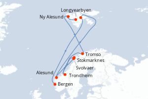 Carte de l'itinéraire de croisière Longyearbyen-Bergen d'une durée de 7 jours