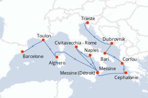 Carte de l'itinéraire de croisière Barcelone-Trieste d'une durée de 14 jours