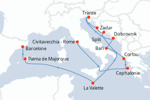 Carte de l'itinéraire de croisière Civitavecchia - Rome-Barcelone d'une durée de 14 jours