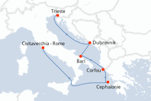 Carte de l'itinéraire de croisière Civitavecchia - Rome-Trieste d'une durée de 7 jours