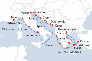 Carte de l'itinéraire de croisière Le Piree - Athenes-Nice d'une durée de 21 jours